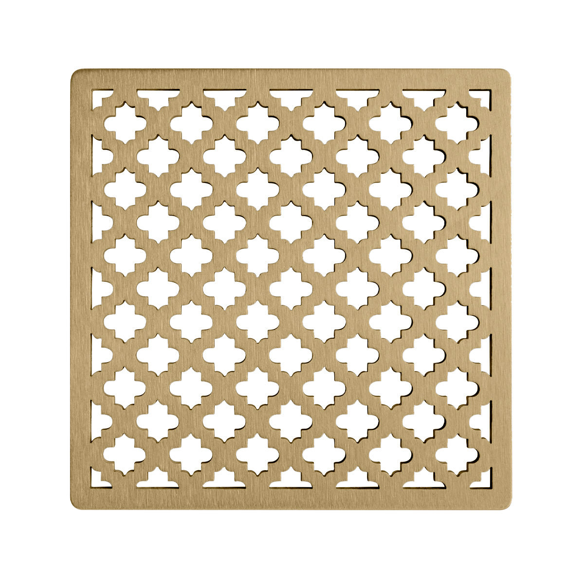 Square satin bronze drain cover with repeating quatrefoil cutout pattern and rounded corners.