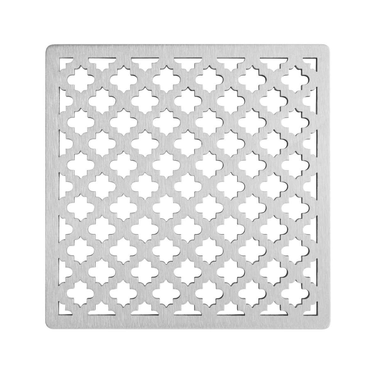 Square satin stainless steel drain cover with repeating quatrefoil cutout pattern, 5 x 5 inches.