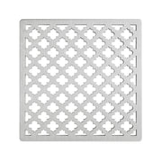 Square satin stainless steel drain cover with repeating quatrefoil cutout pattern, 5 x 5 inches.