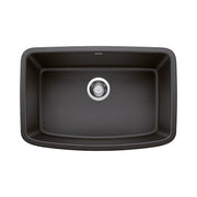 Anthracite undermount kitchen sink with single basin and chrome drain strainer, viewed from above.
