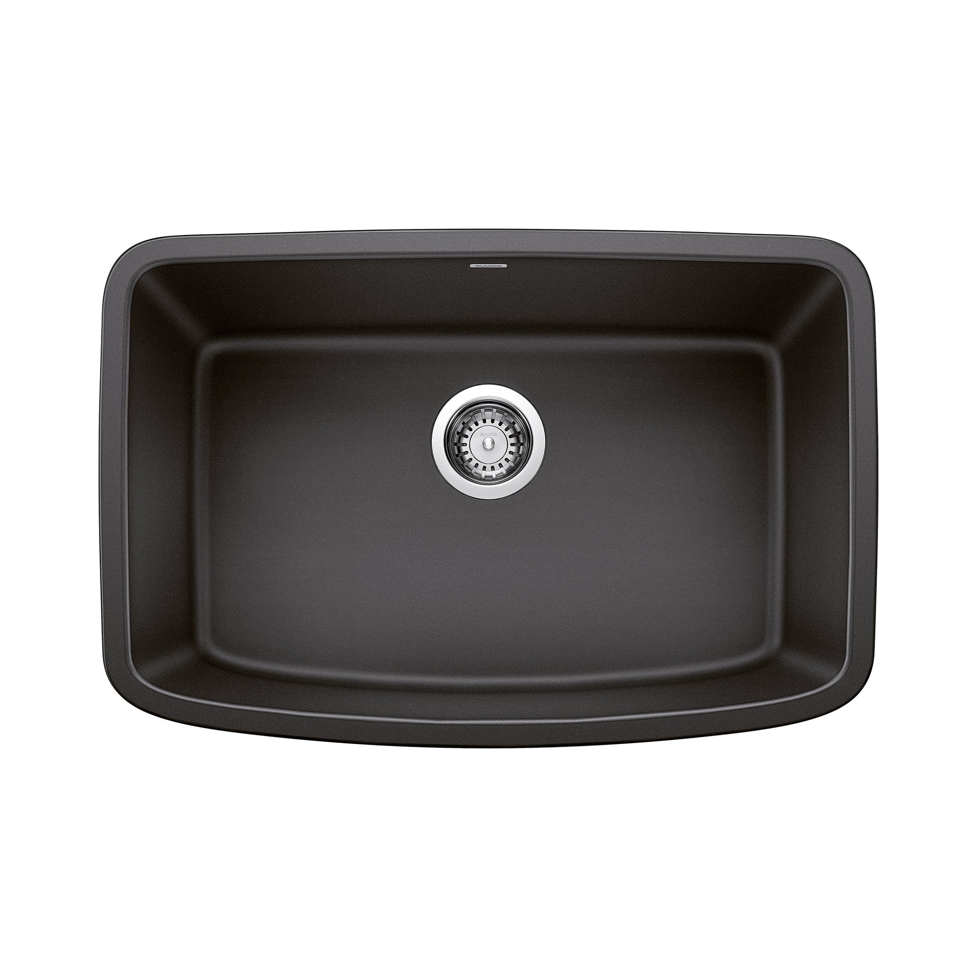 Anthracite undermount kitchen sink with single basin and chrome drain strainer, viewed from above.