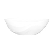White freestanding soaking bathtub with curved sides and matte finish.