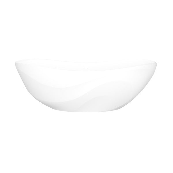 White freestanding soaking bathtub with curved sides and matte finish.