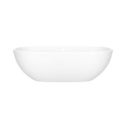 White freestanding soaking bathtub with curved sides and matte finish.