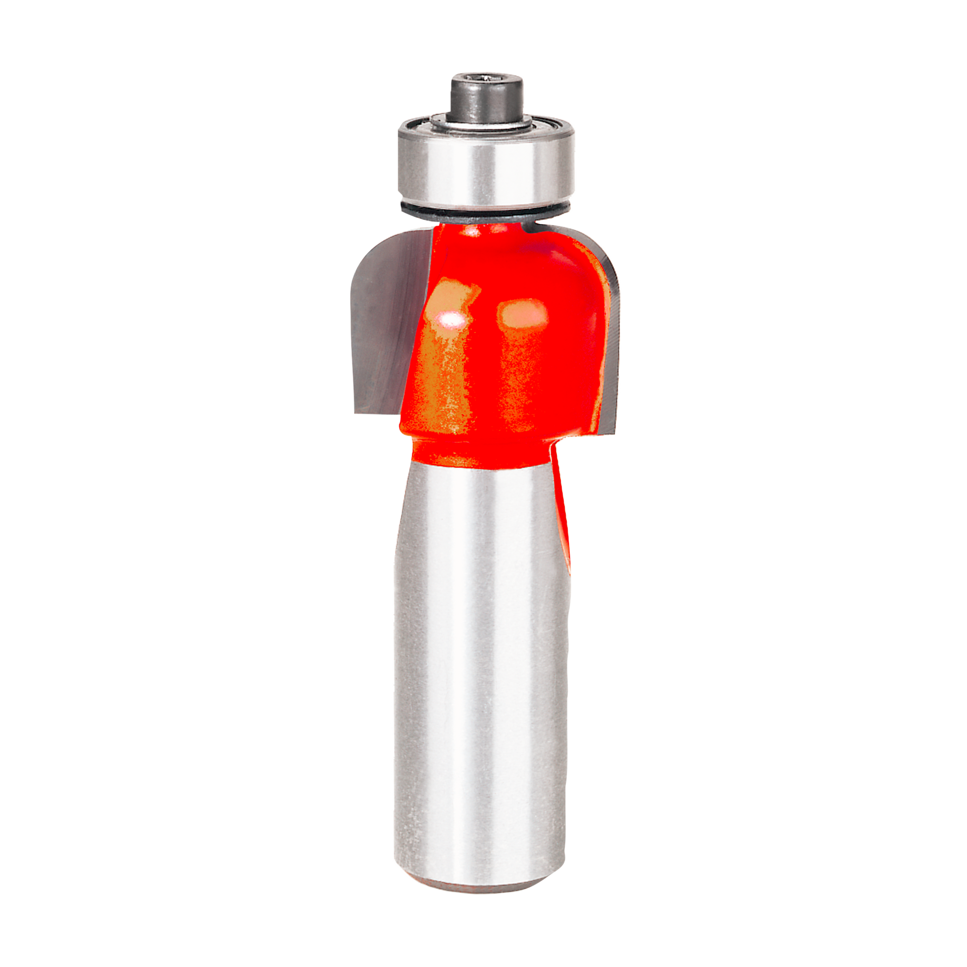 Carbide cove router bit with red cutting head and silver cylindrical shank with top-mounted bearing.