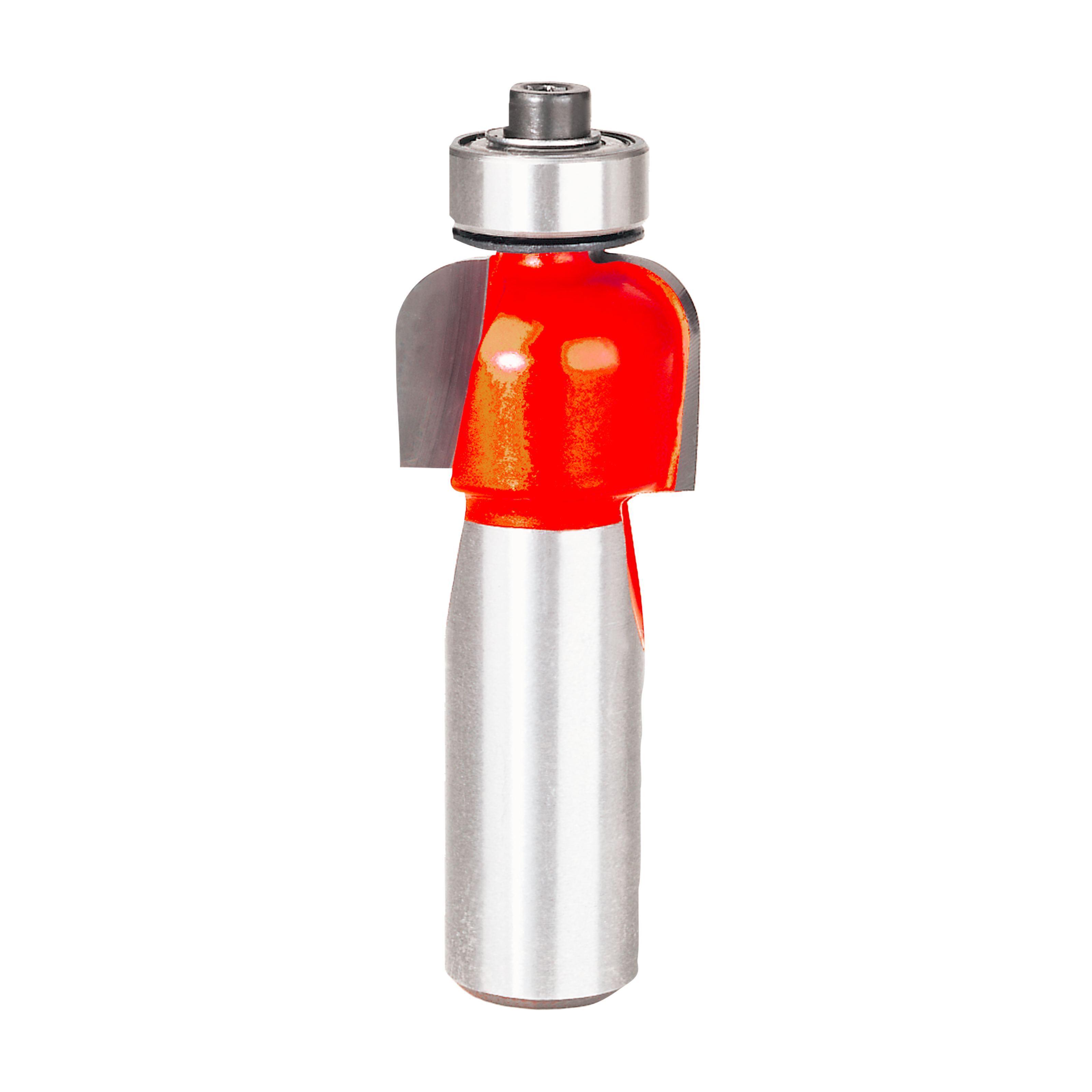 Carbide cove router bit with red cutting head and silver cylindrical shank with top-mounted bearing.
