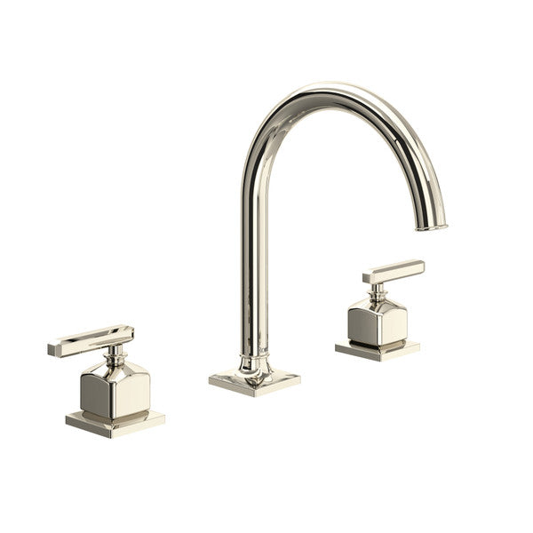 Polished nickel widespread lavatory faucet with curved C-spout and two lever handles on square bases.