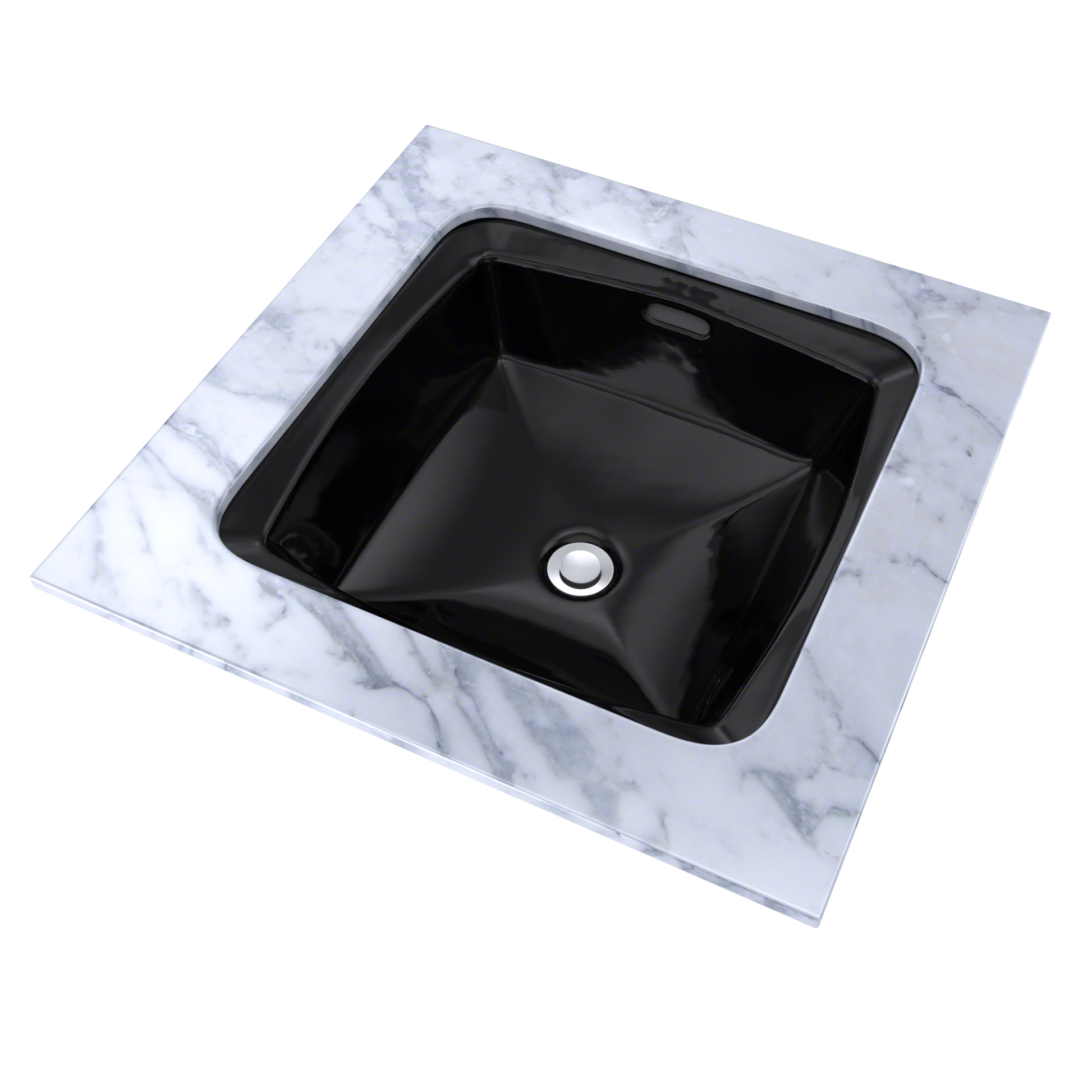 Black square undermount sink with white drain fixture set into white marble countertop.