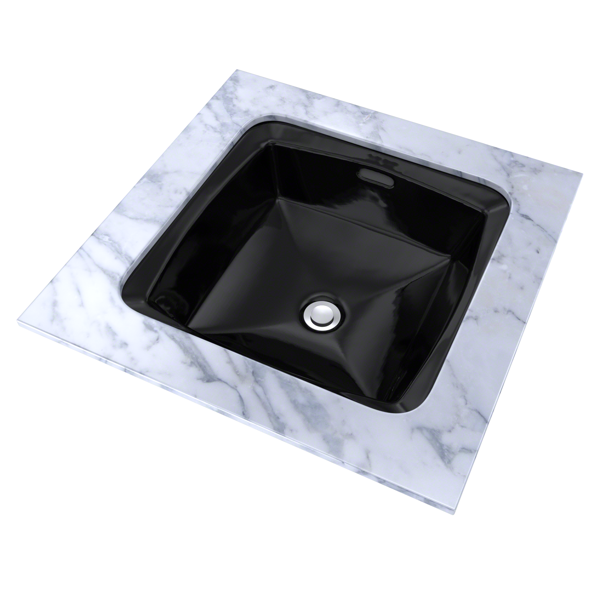 Black square undermount sink with white drain fixture set into white marble countertop.