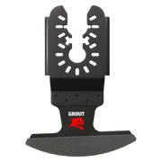 Black oscillating blade with diamond grit cutting edge, serrated top section, and universal fit mounting holes for grout remo
