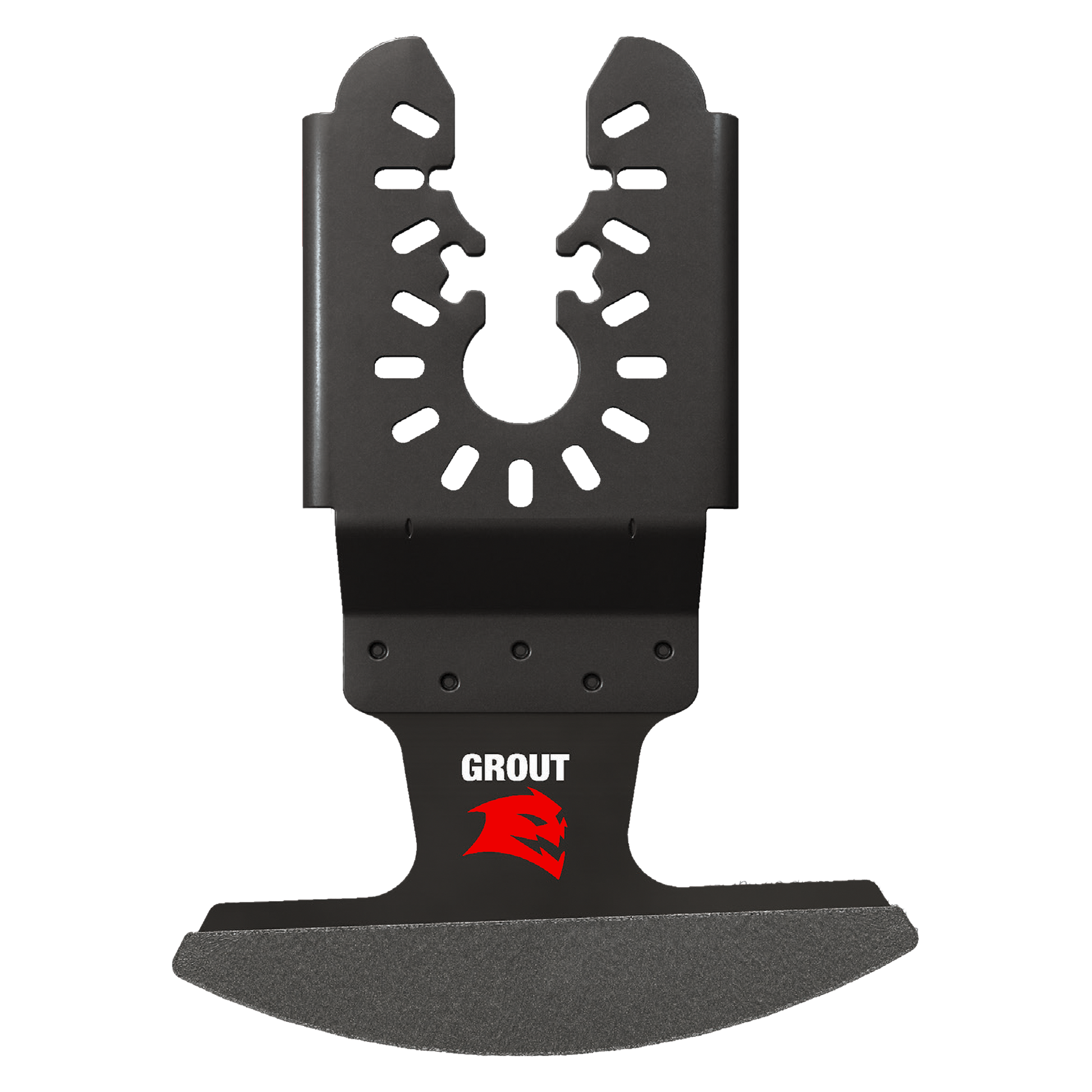 Black oscillating blade with diamond grit cutting edge, serrated top section, and universal fit mounting holes for grout remo