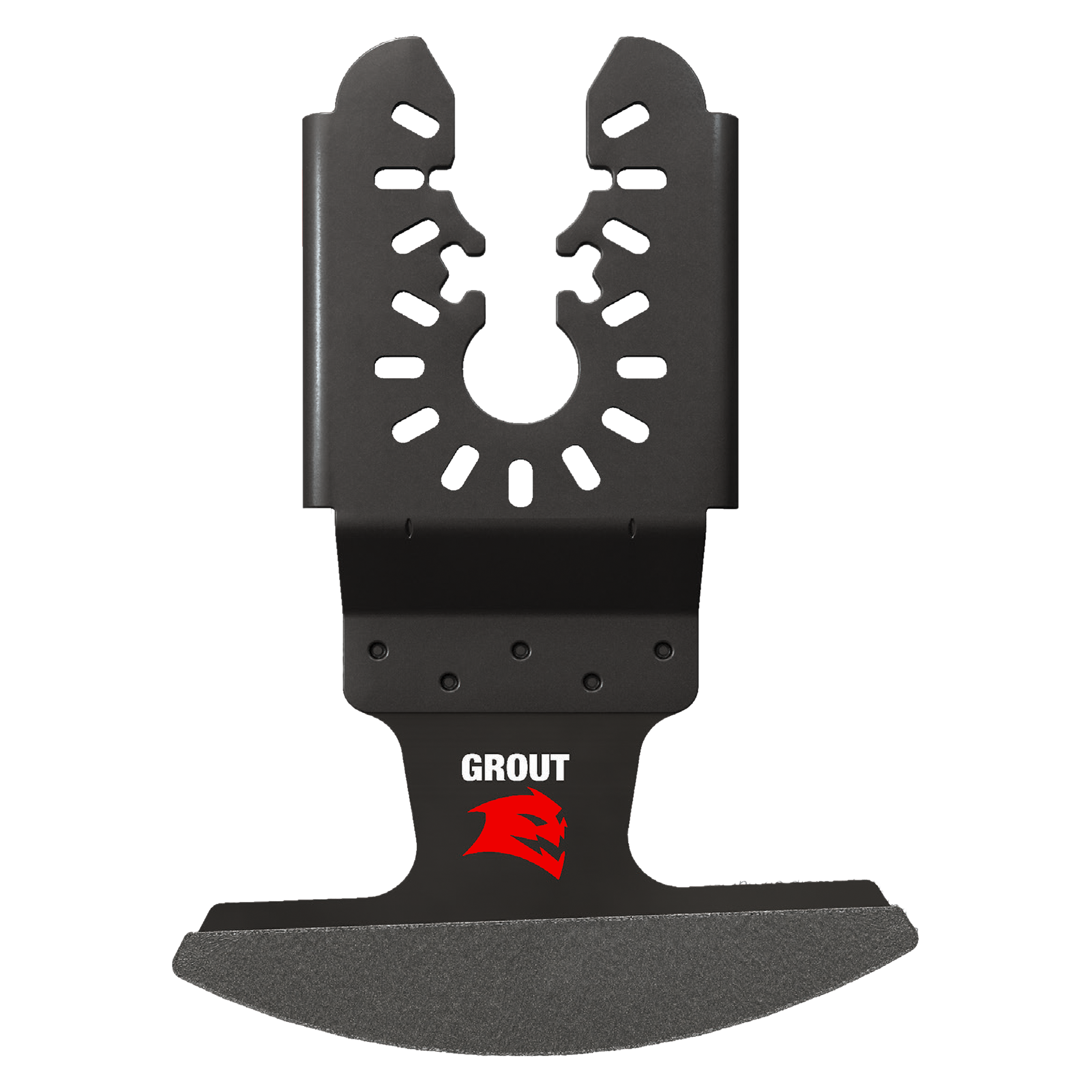 Black oscillating blade with diamond grit cutting edge, serrated top section, and universal fit mounting holes for grout remo