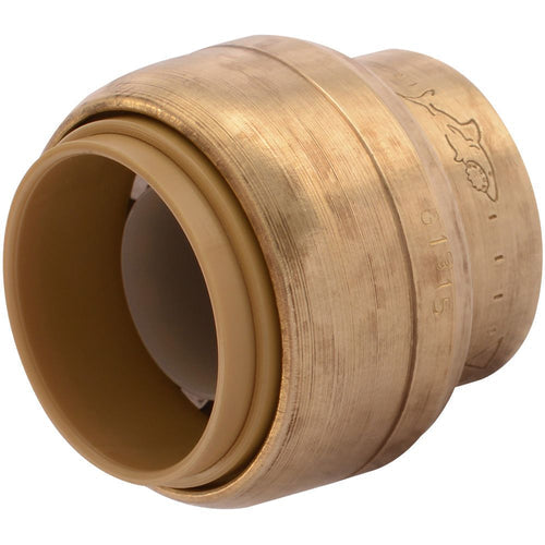 Brass push-fit plumbing endstop with 3/4" connection, showing internal stop mechanism and shark bite branding.