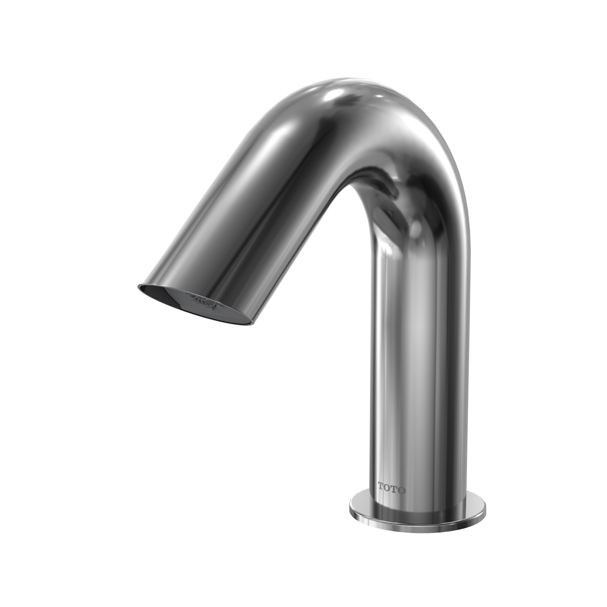 Polished chrome touchless bathroom faucet with curved spout and cylindrical base.