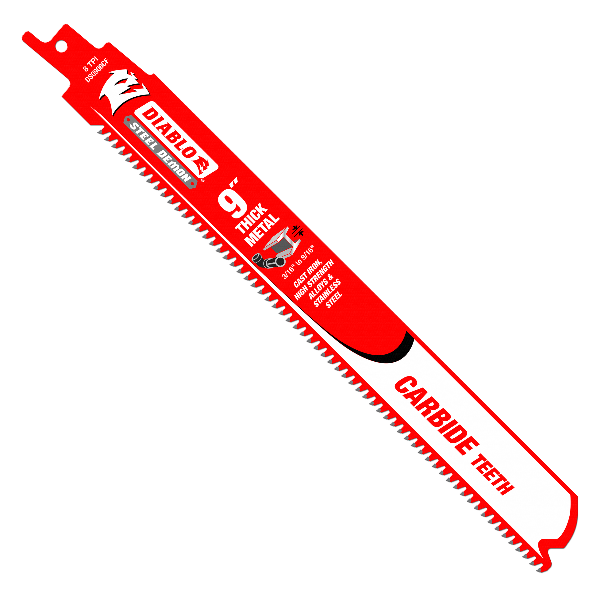 Red Diablo Steel Demon 9-inch reciprocating saw blade with carbide teeth and black grip, labeled for thick metal cutting.