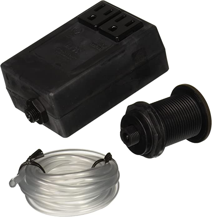 Oil rubbed bronze round air switch for waste disposer with black control box, threaded button, and clear tubing.