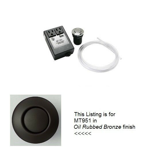 Round oil rubbed bronze waste disposer air switch with control unit, tubing, and button cap.