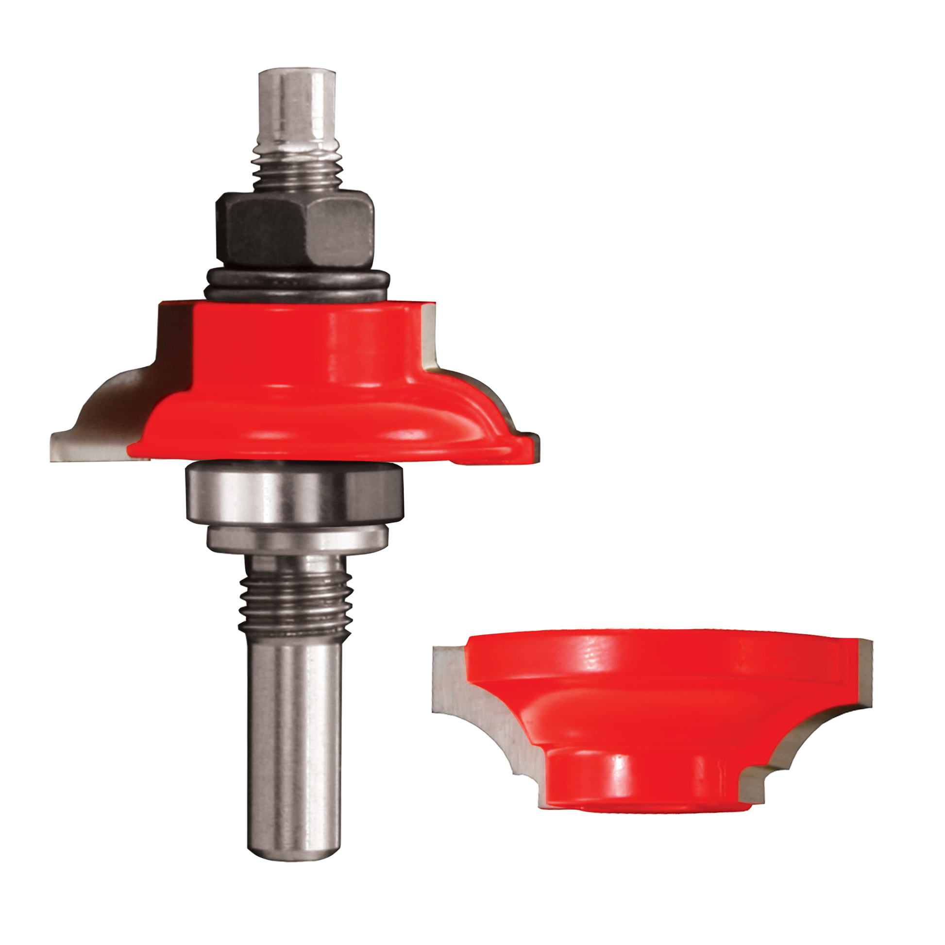 Freud router bit with red round-over bead profile and interchangeable cutting heads on steel shaft with bearings.