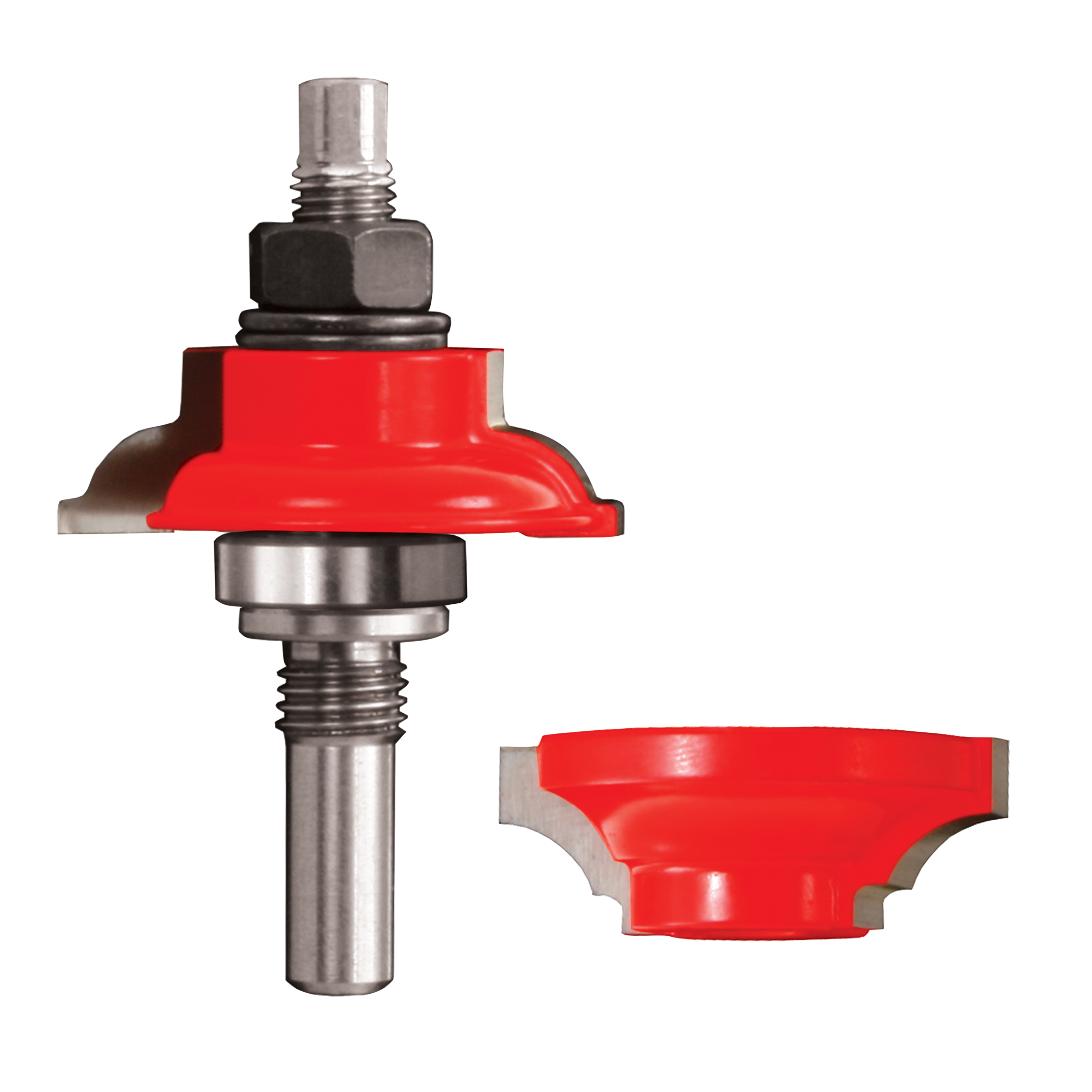 Freud router bit with red round-over bead profile and interchangeable cutting heads on steel shaft with bearings.