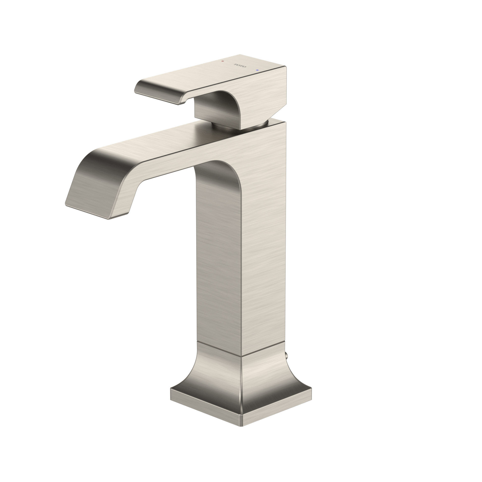 Brushed nickel single-handle bathroom sink faucet with curved spout and square tower base.