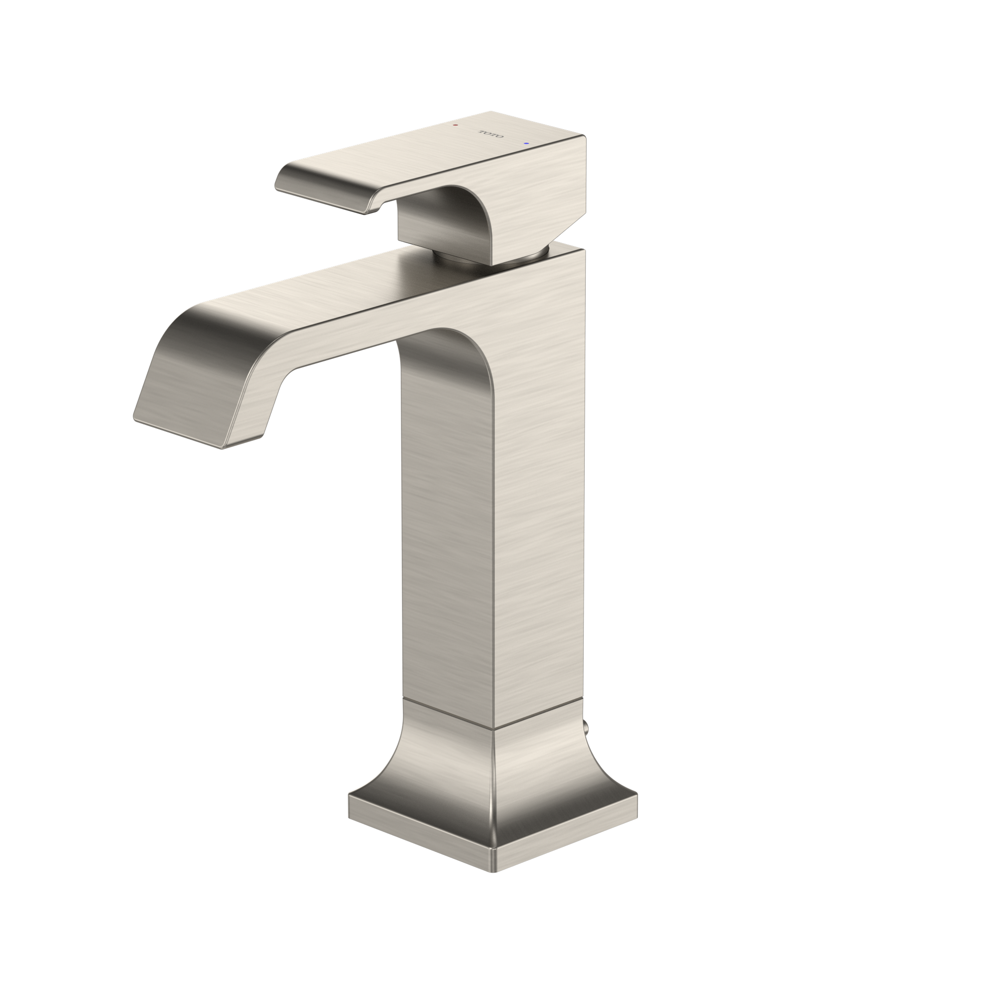 Brushed nickel single-handle bathroom sink faucet with curved spout and square tower base.