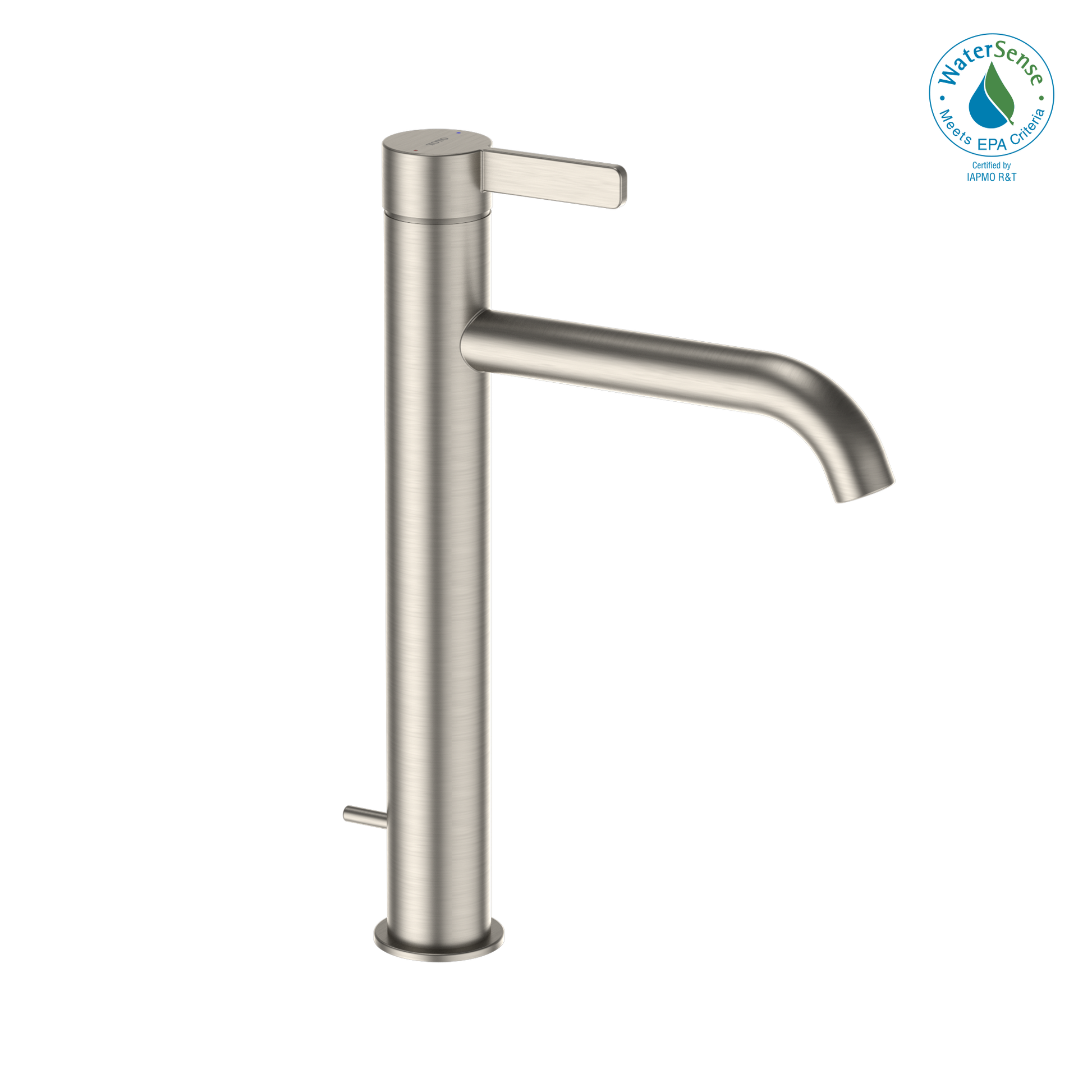 Brushed nickel single-handle vessel sink faucet with tall cylindrical body and curved spout.