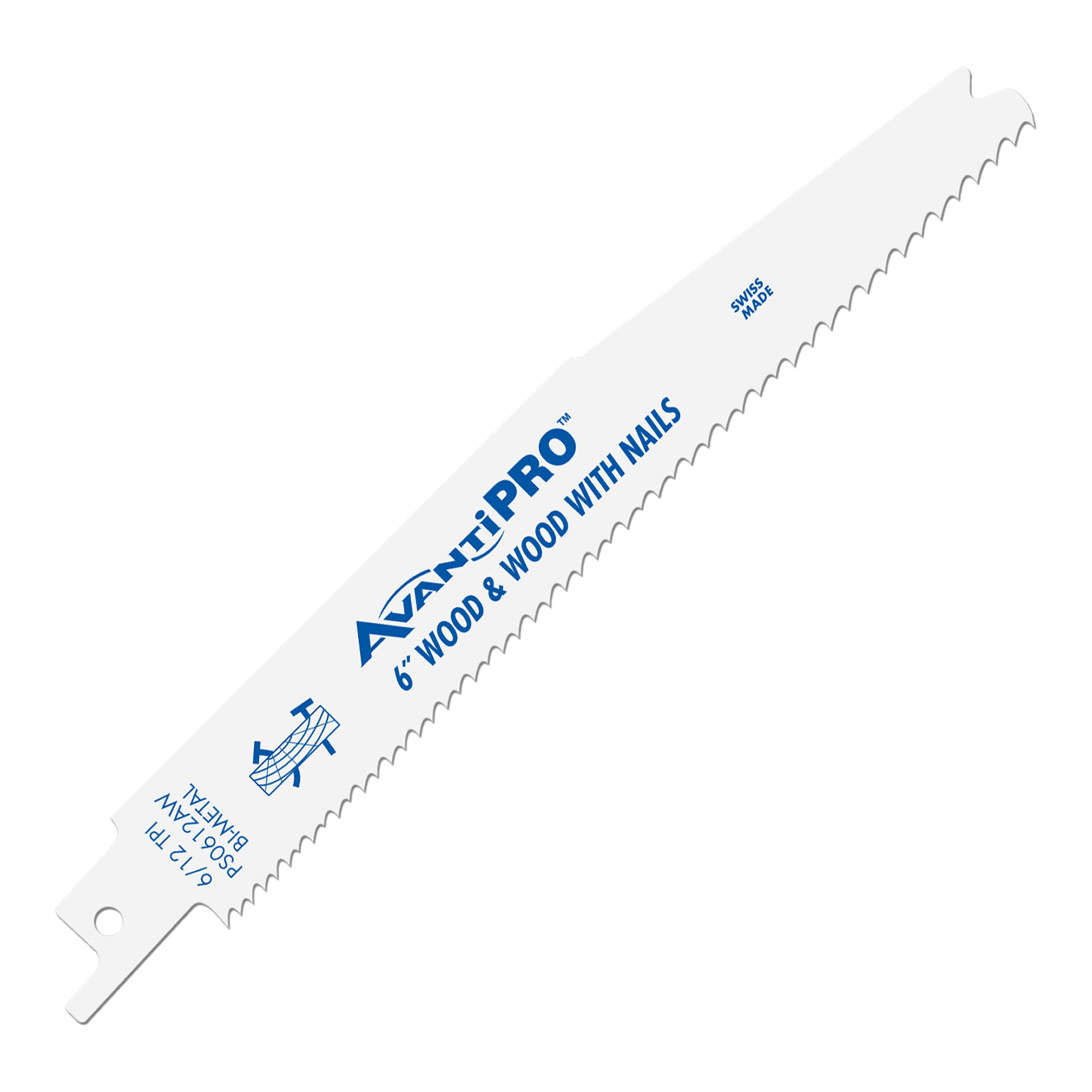 AvantiPro 6" reciprocating saw blade with serrated cutting edge and mounting tang, labeled for wood and nails.