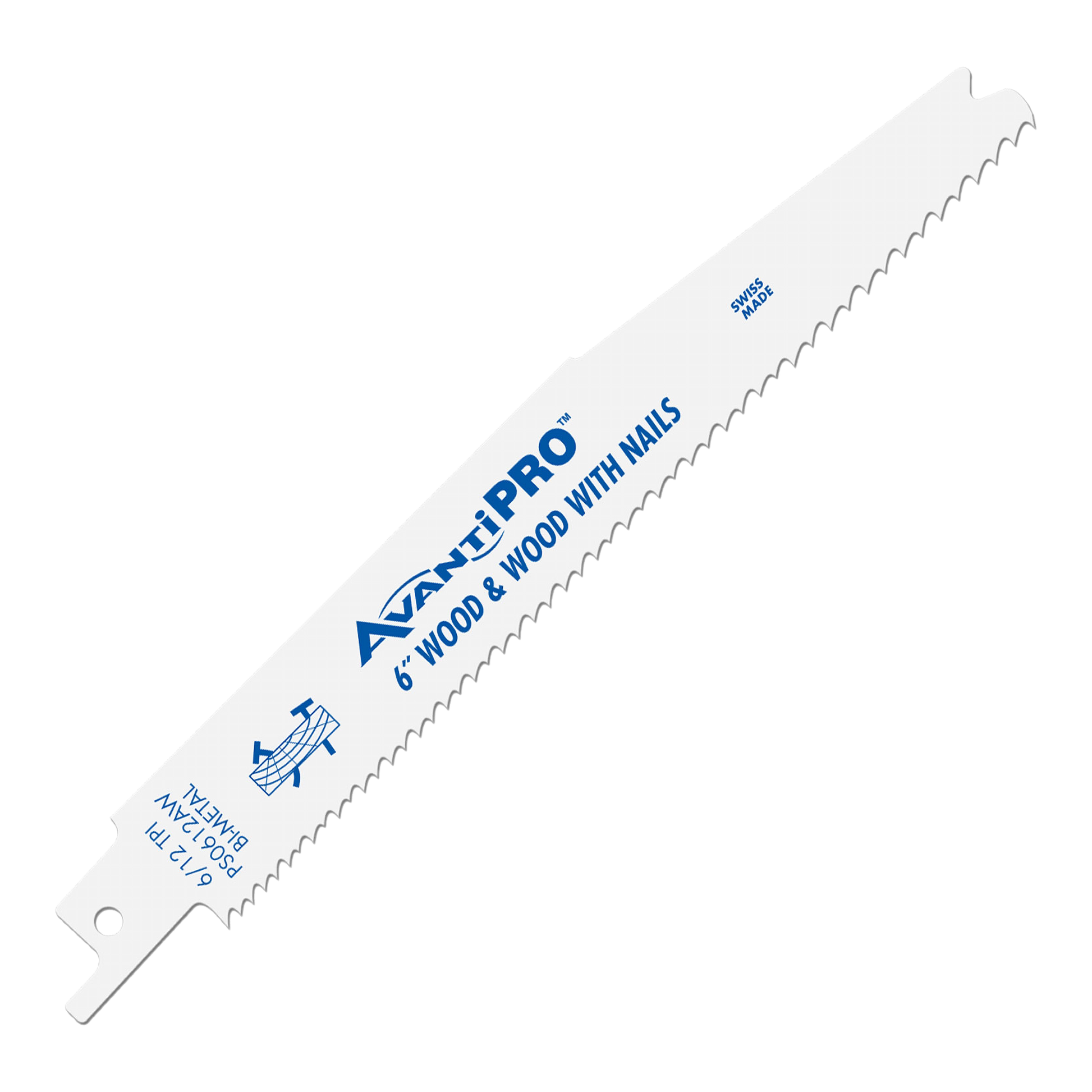 AvantiPro 6" bi-metal reciprocating saw blade with serrated cutting edge and mounting tang for wood and nail cutting.