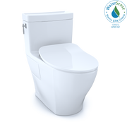 White one-piece elongated toilet with soft-close seat and integrated bidet washlet functionality.