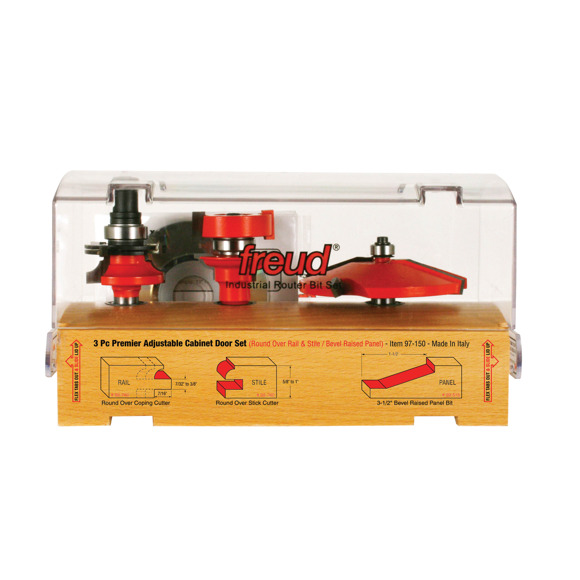 Three red router bits with silver shanks displayed in clear plastic case over wooden base with labeled diagrams.