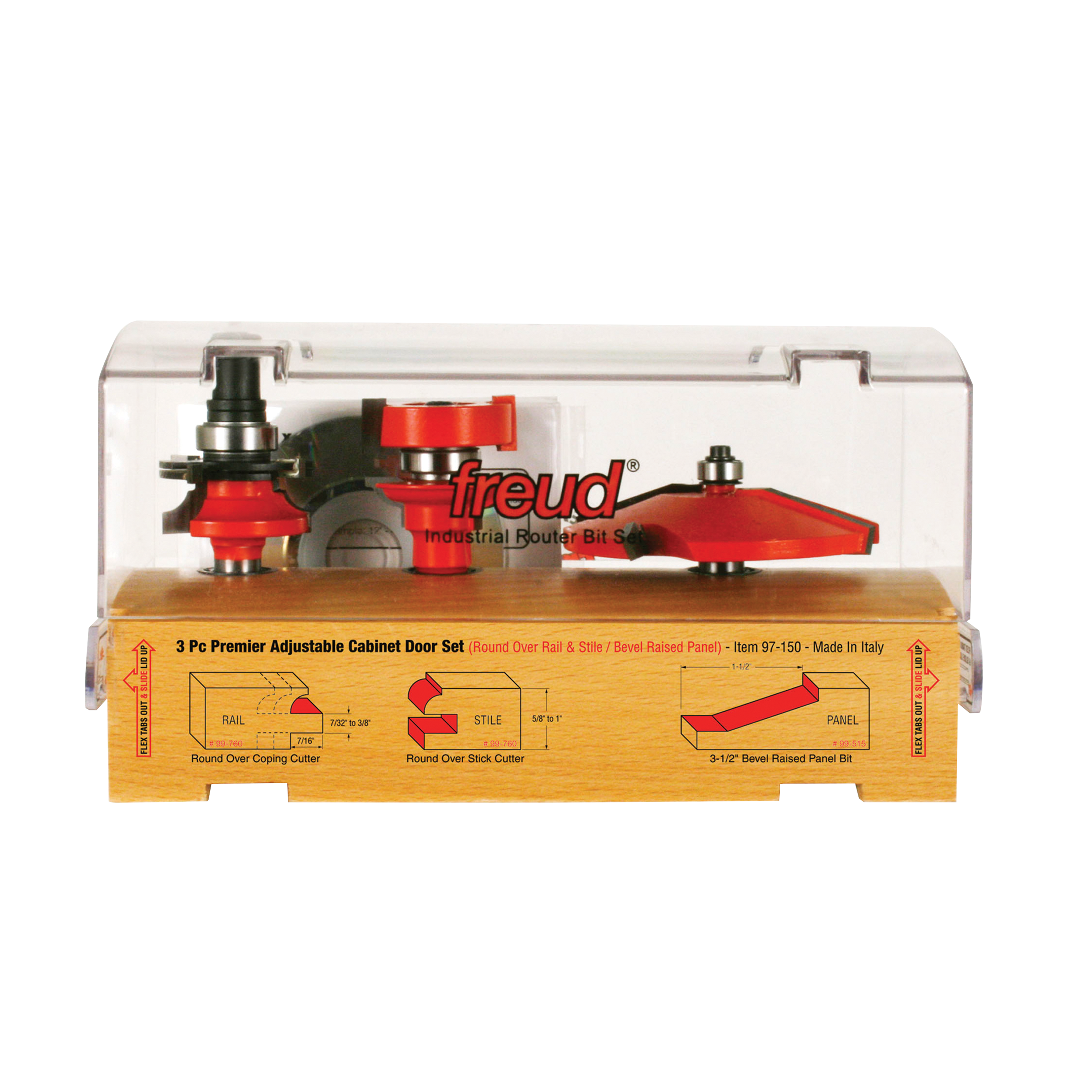 Three red router bits with silver shanks displayed in clear plastic case over wooden base with labeled diagrams.