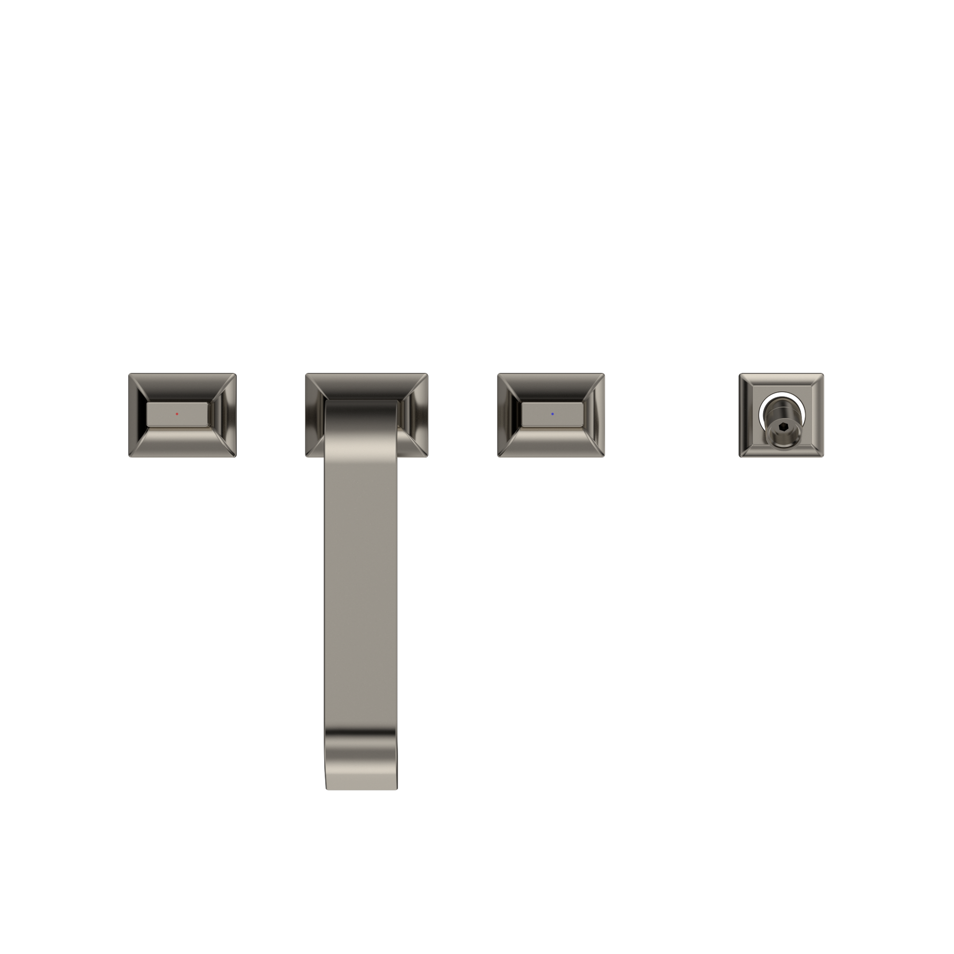 Polished nickel two-handle roman tub filler trim with central spout and detachable handshower.