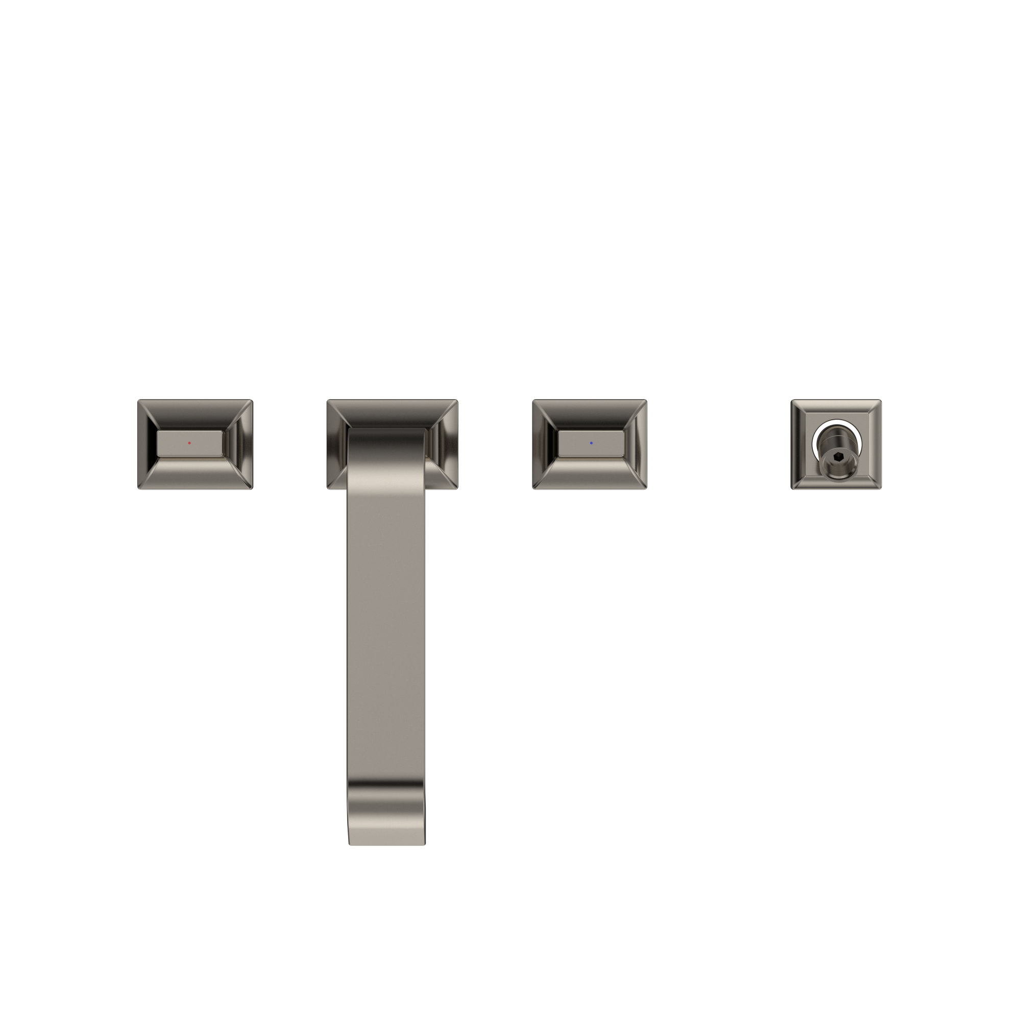 Polished nickel two-handle roman tub filler trim with central spout and detachable handshower.