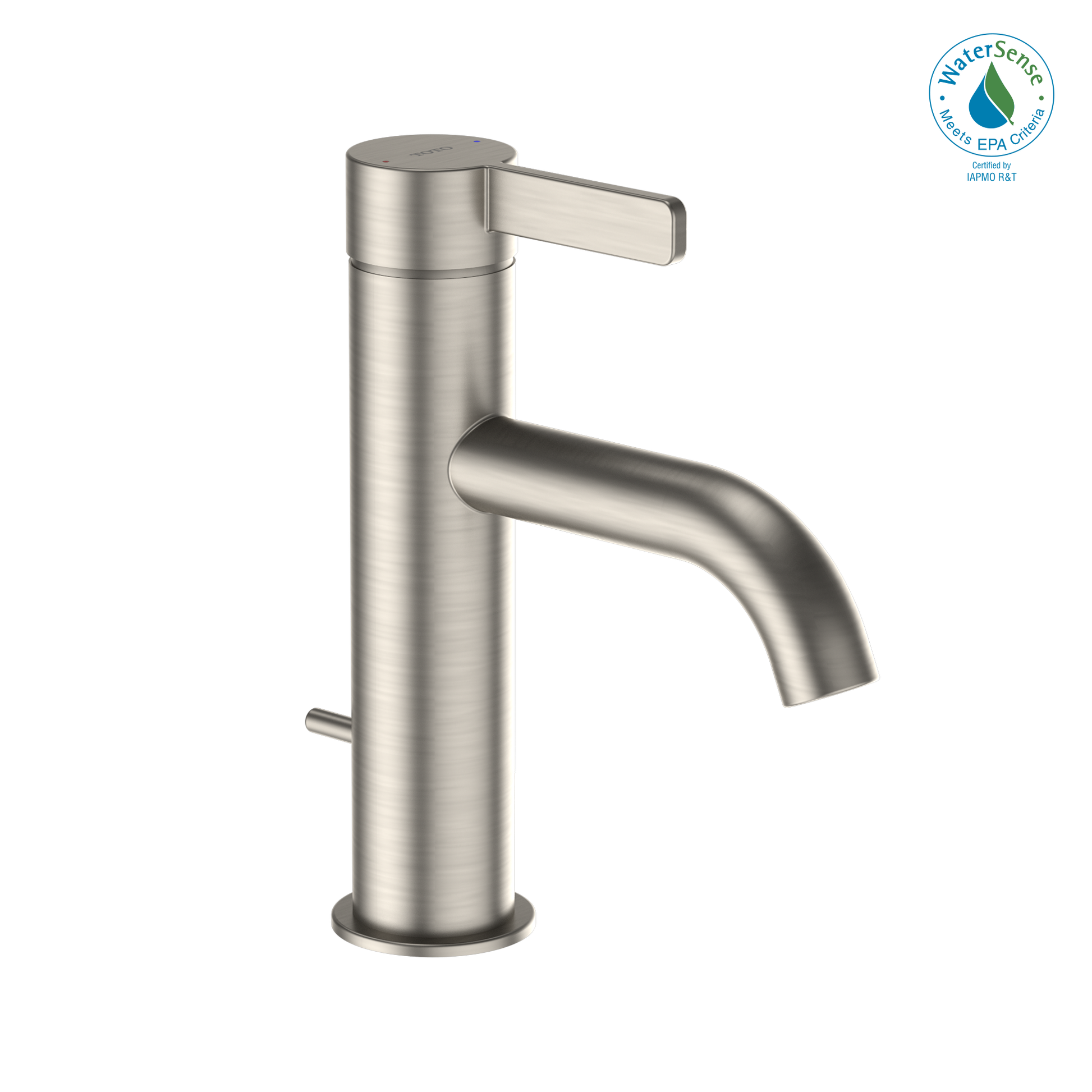 Brushed nickel single-handle bathroom sink faucet with curved spout and rectangular lever handle.