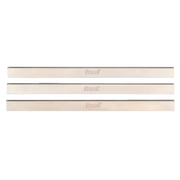 Three Freud high speed steel planer and jointer knives with cream-colored backing and dark cutting edges.