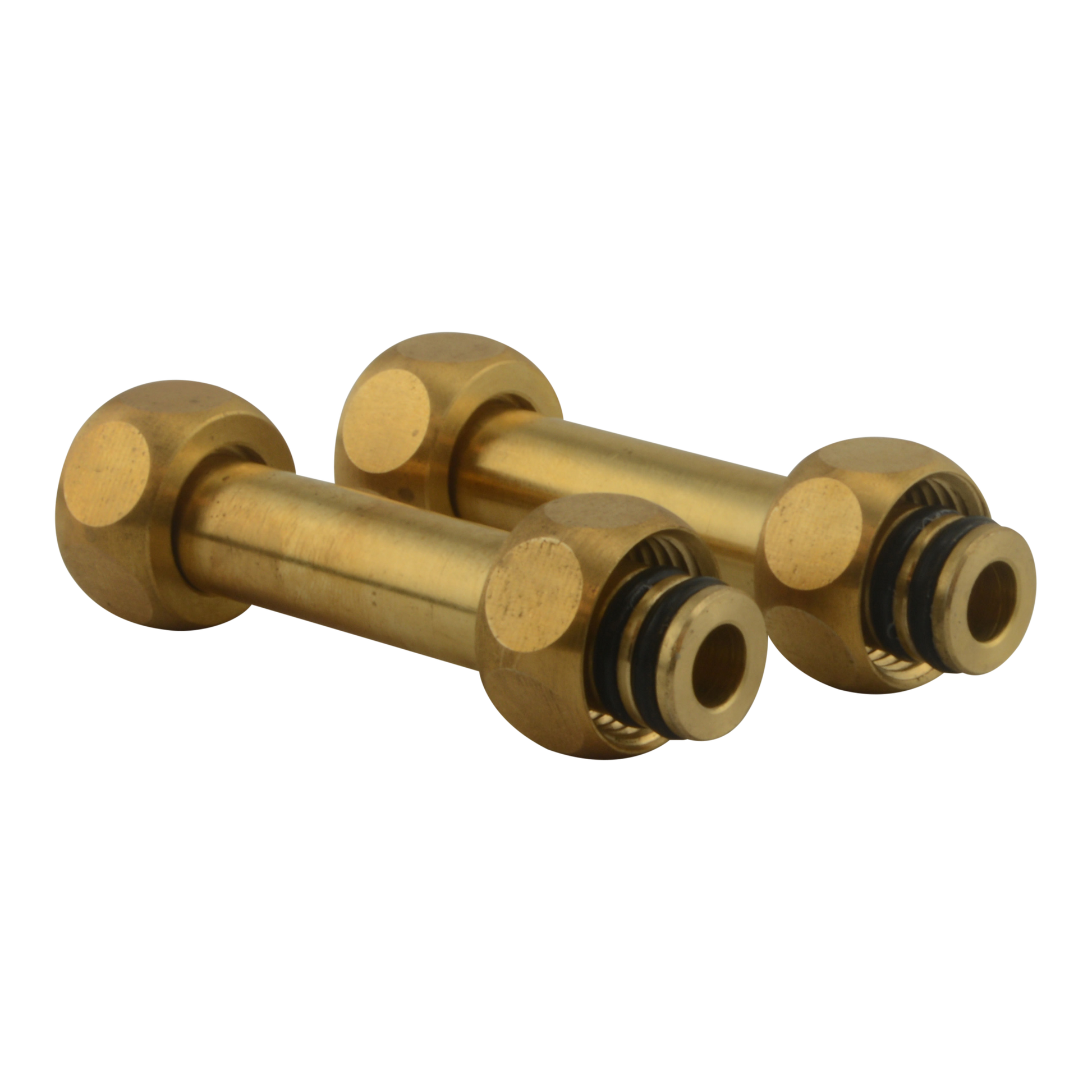 Pair of brass connection tubes with threaded ends and circular flanges for Roman tub filler installation.