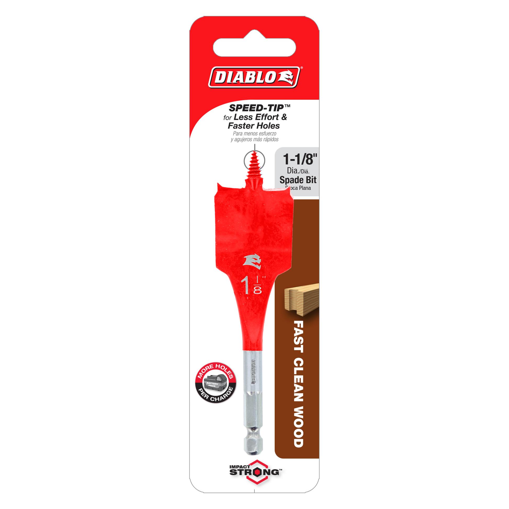 Red Diablo spade bit with 1-1/8 inch diameter and metallic silver shaft on retail packaging card.