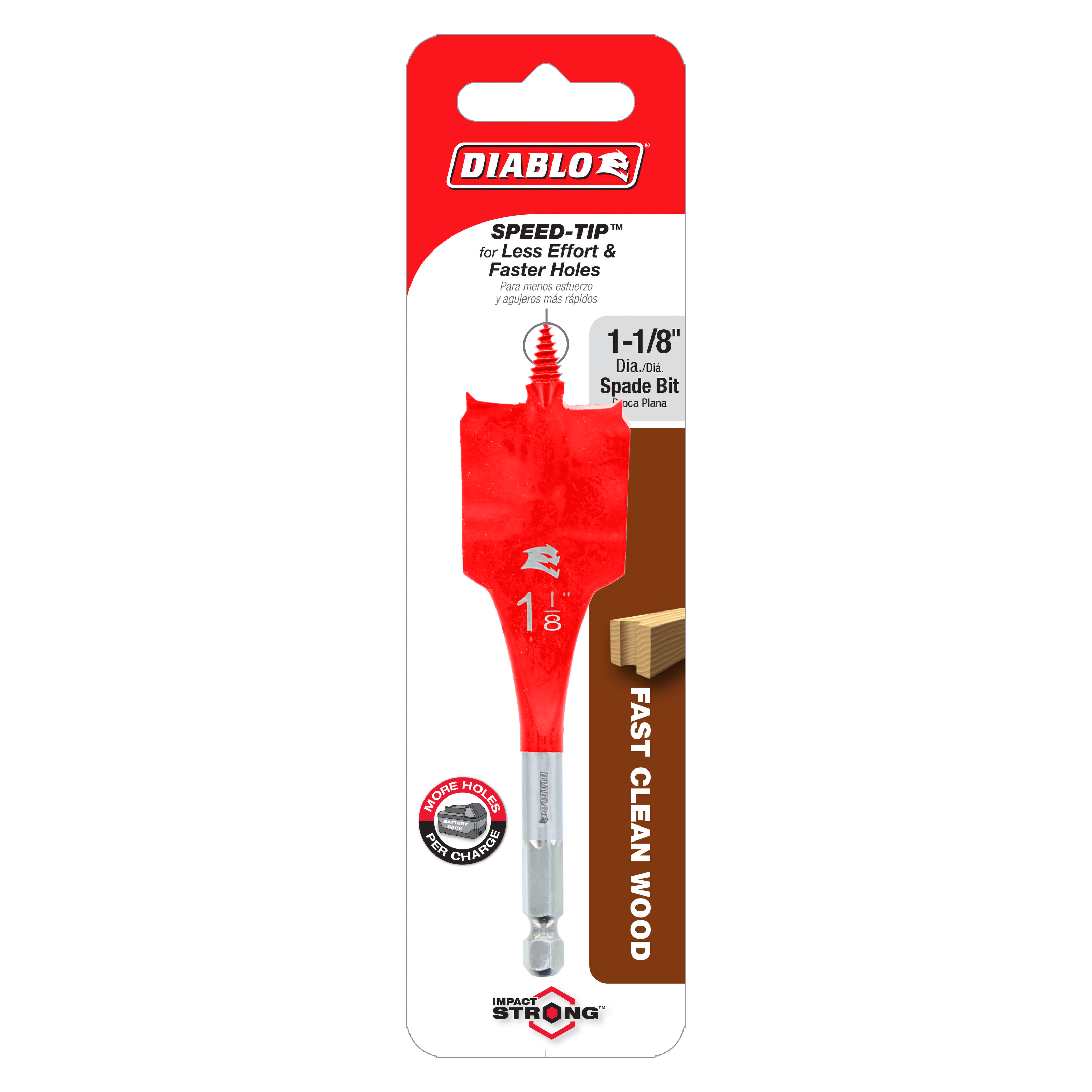 Red Diablo spade bit with 1-1/8 inch diameter and metallic silver shaft on retail packaging card.