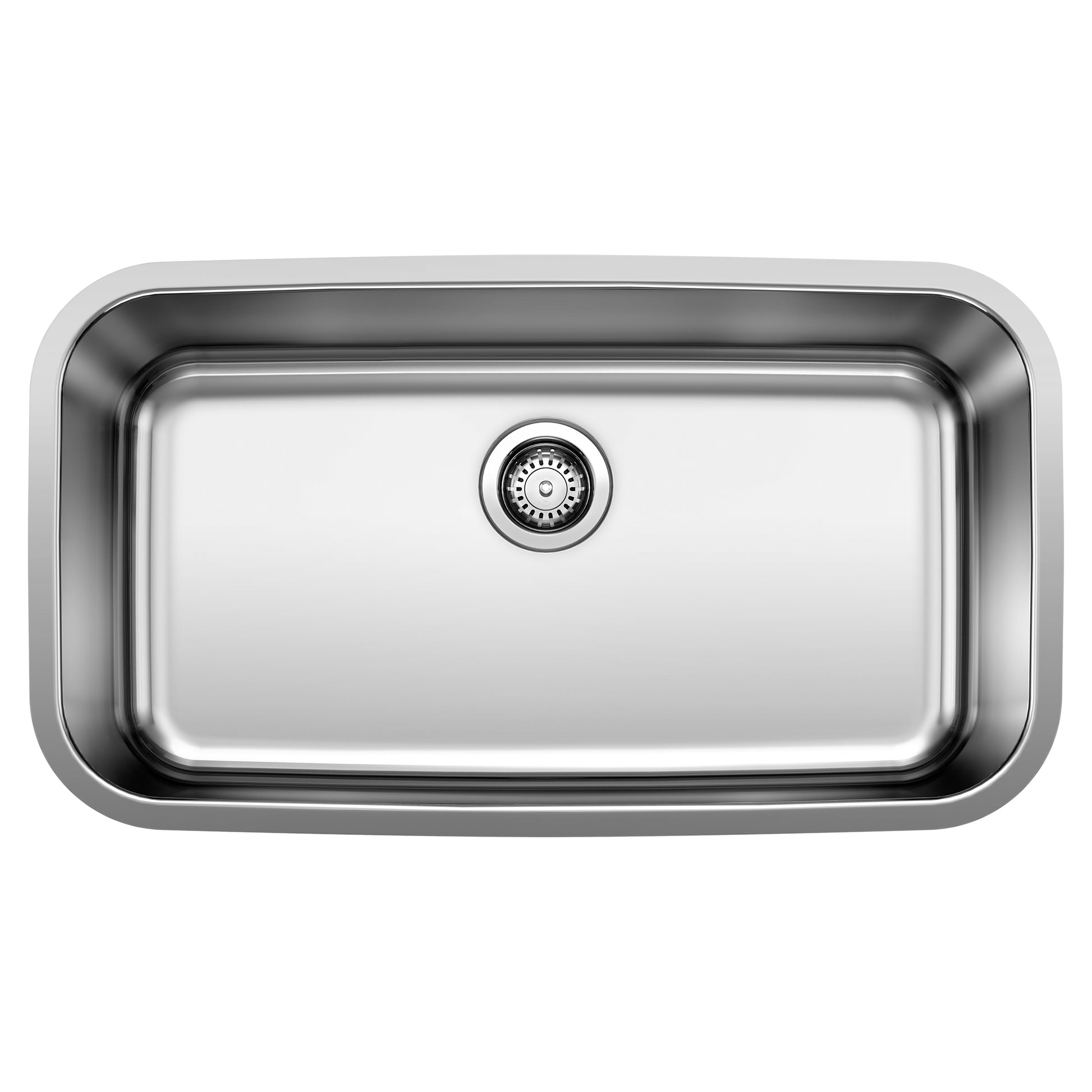 Stainless steel single basin undermount kitchen sink with rounded corners and center drain hole.