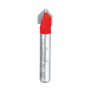 V-shaped router bit with red cutting edges and silver metal shaft marked with Freud branding.