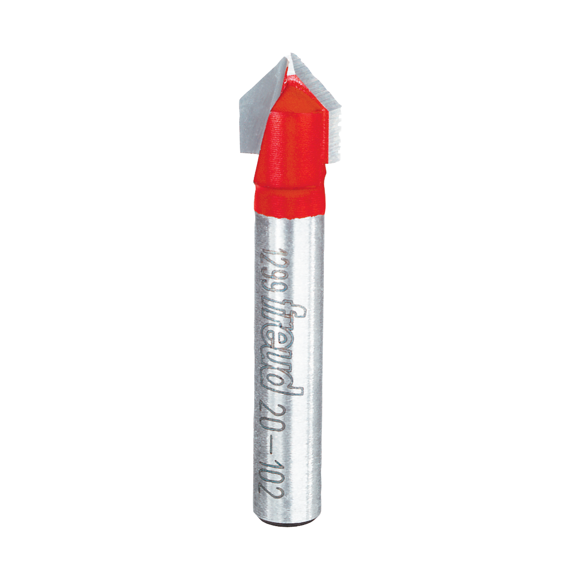 V-shaped router bit with red cutting edges and silver metal shaft marked with Freud branding.