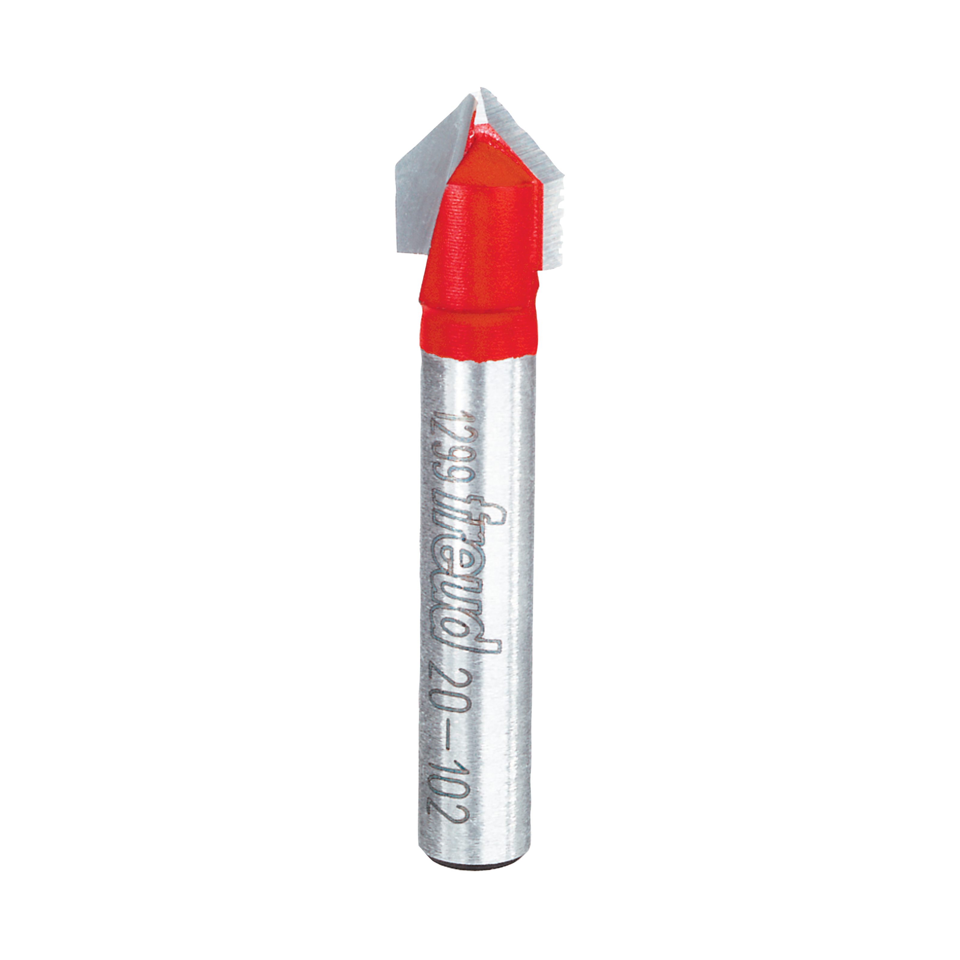 V-shaped router bit with red cutting edges and silver metal shaft marked with Freud branding.