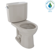 Bone-colored two-piece toilet with round bowl, tank, and lever handle, shown without seat.