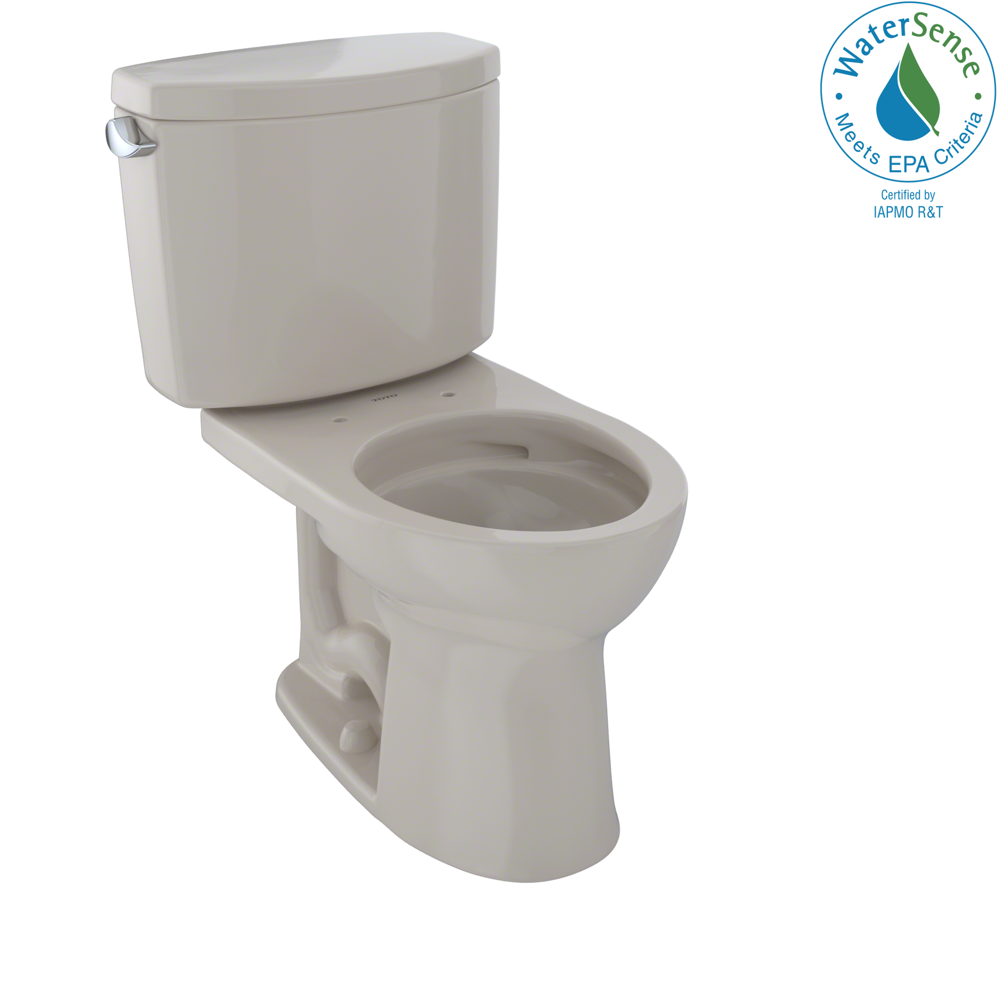 Bone-colored two-piece toilet with round bowl, tank, and lever handle, shown without seat.