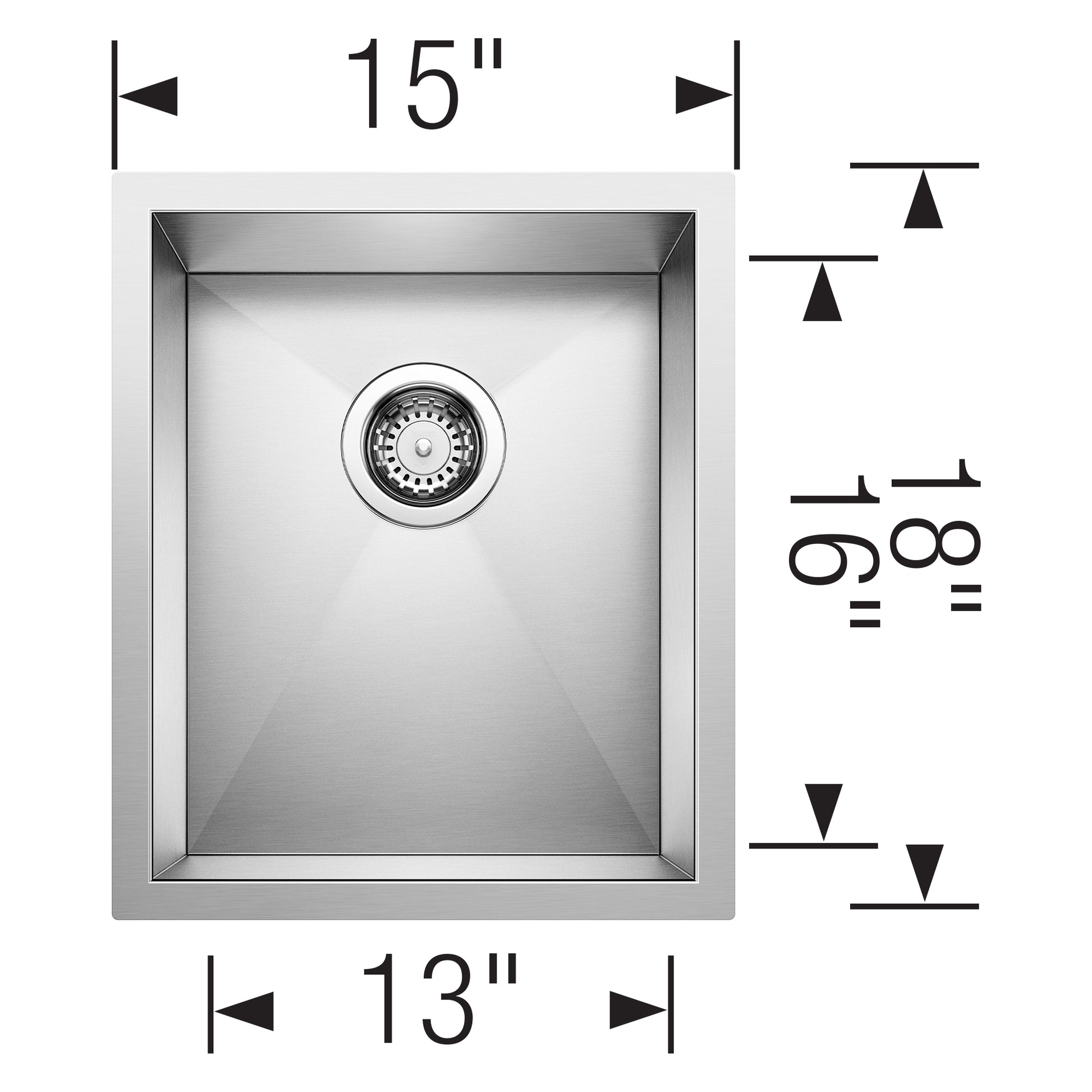 Stainless steel undermount sink bowl with single drain, 15" wide x 18.75" deep x 13" interior width.