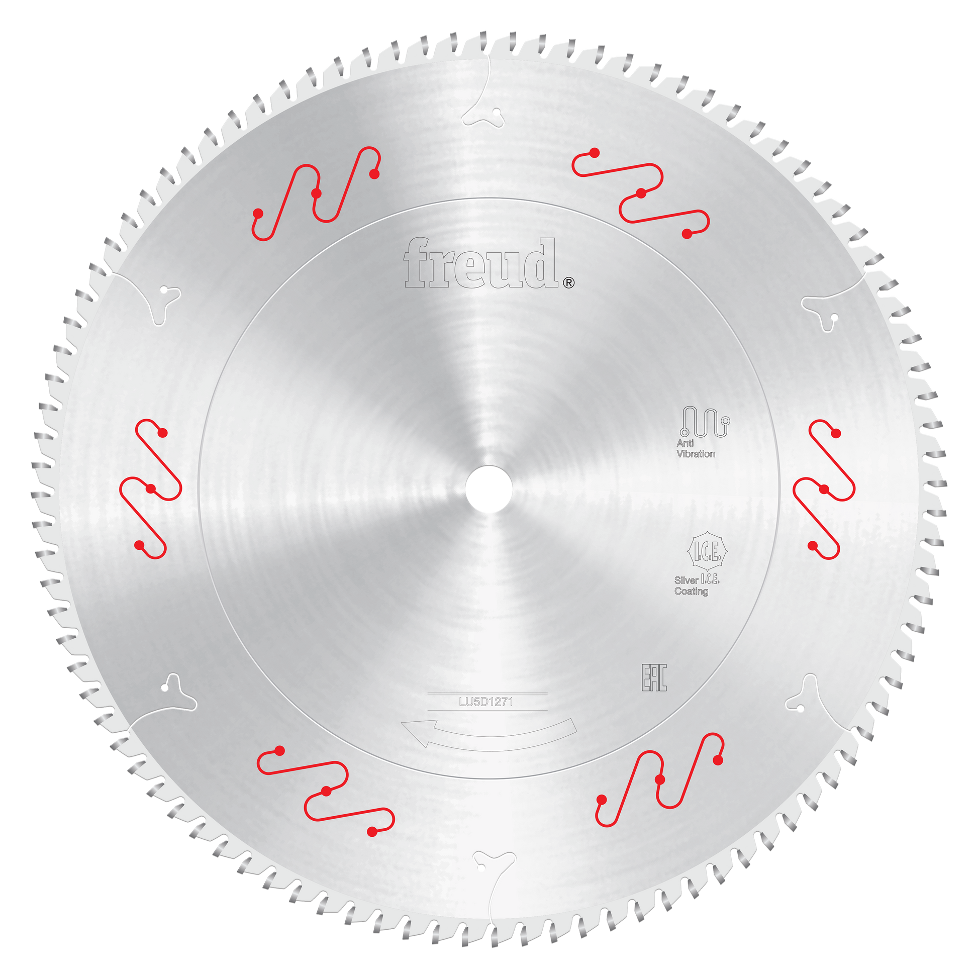 12-inch circular saw blade with carbide-tipped teeth around the perimeter and Freud branding on the metallic surface.