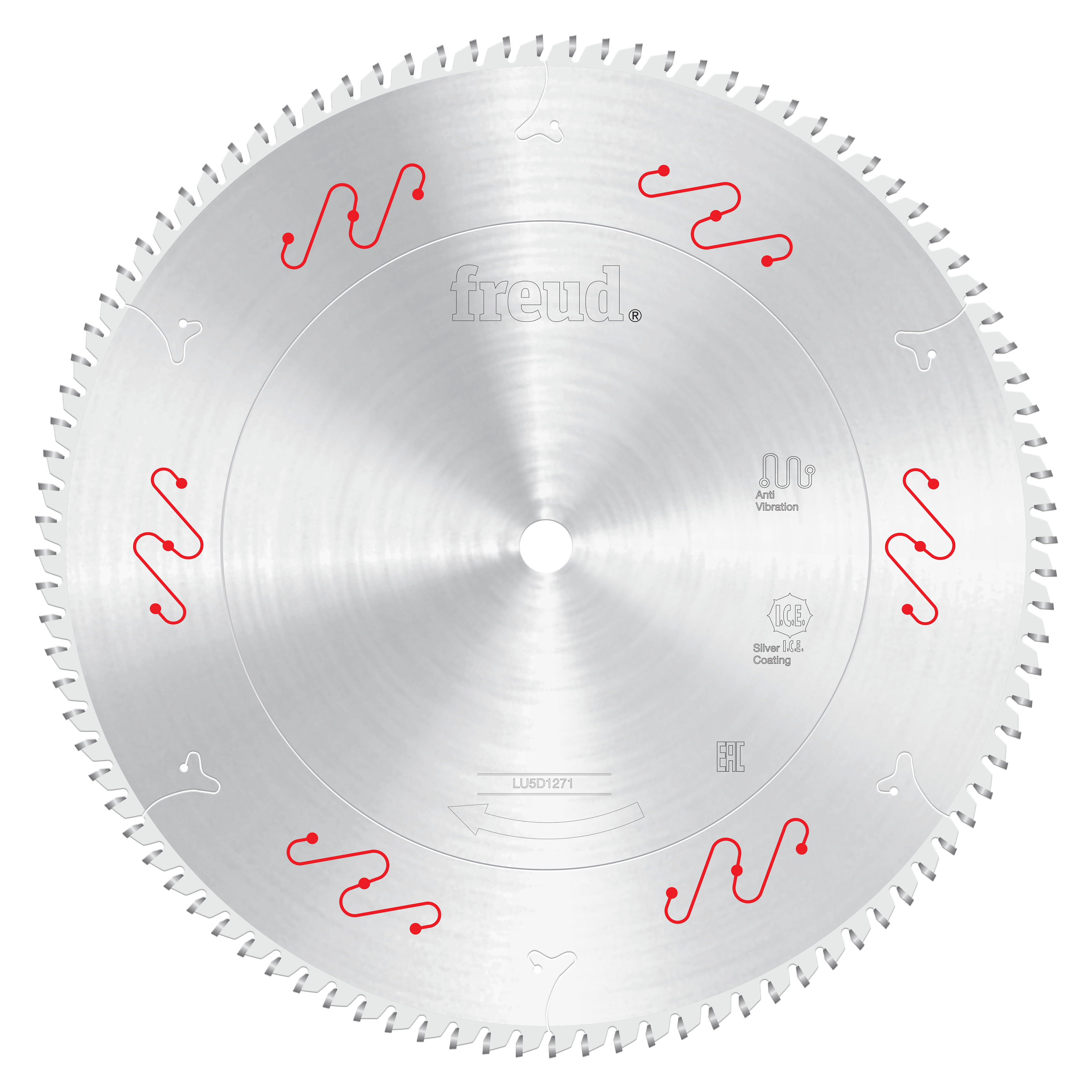 12-inch circular saw blade with carbide-tipped teeth around the perimeter and Freud branding on the metallic surface.
