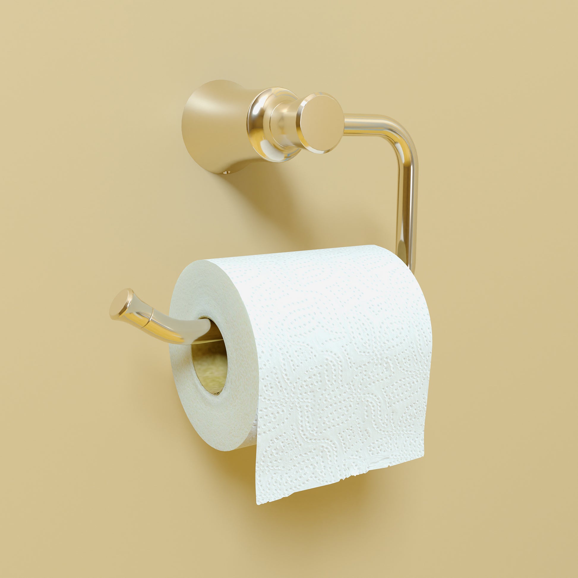 Polished nickel toilet paper holder with curved arm and cylindrical finial, mounted on wall with white roll inserted.