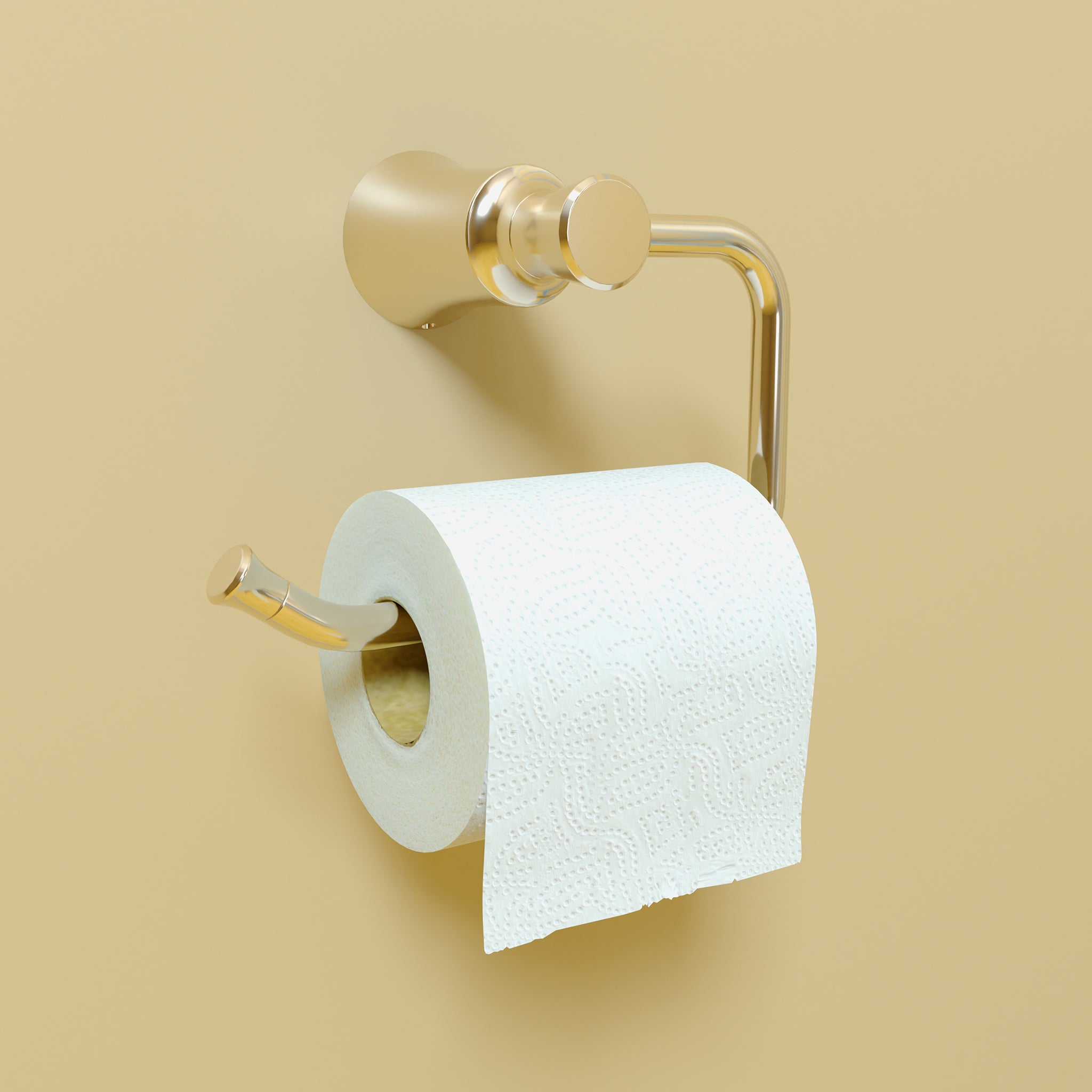 Polished nickel toilet paper holder with curved arm and cylindrical finial, mounted on wall with white roll inserted.