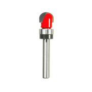 Carbide round nose router bit with red cutting head and silver metal shank on white background.